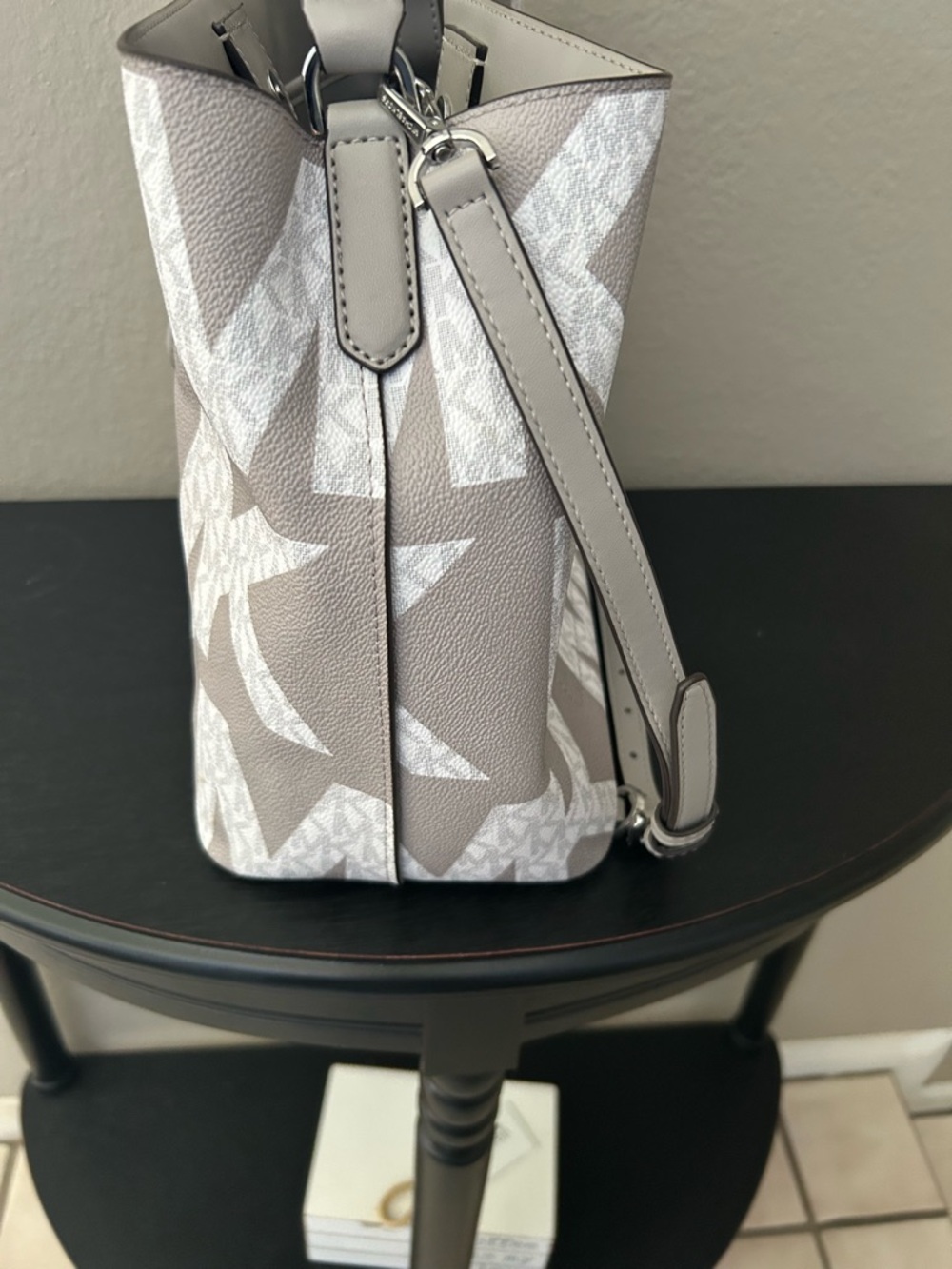 Michael Kors Light Gray MK Logo Drawstring Shoulder Tote - Picture 14 of 15